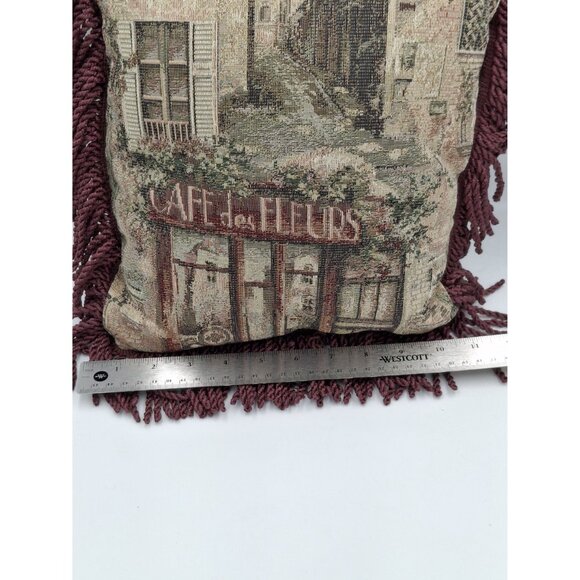 Vinatge 90s y2k Cafe De Fleurs Tapestry Throw Pillow With Burgundy Fringe - Picture 7 of 8